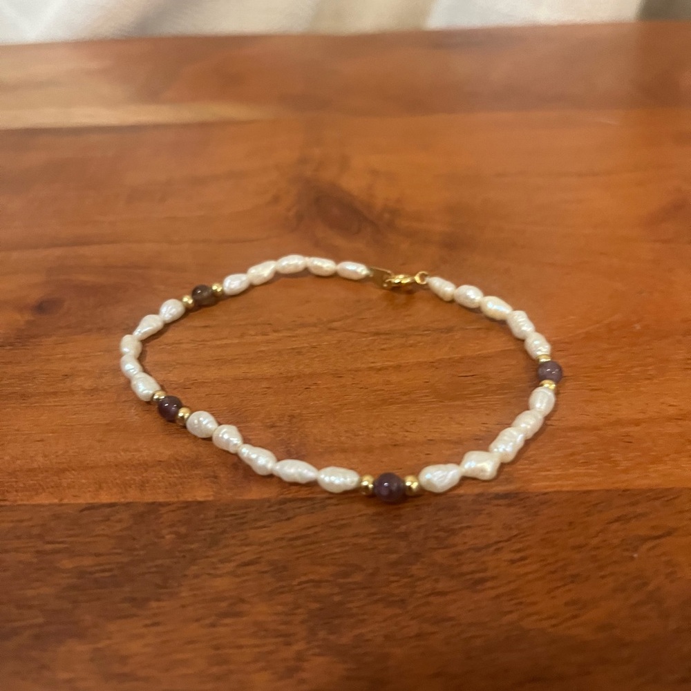 Vintage Gold Freshwater Pearl Amethyst Beaded Bracelet 7”